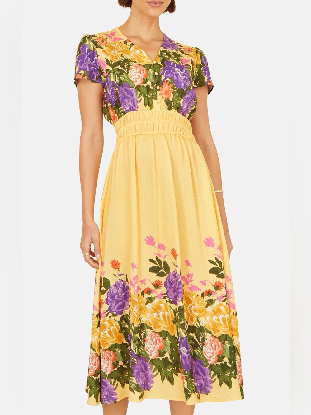 Yumi Kim Cottagecore Yellow Midi Dress with Purple, Pink & Green Floral Print